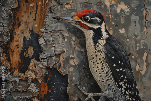 Woodpecker on a Cracked Tree Bark photo