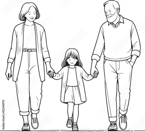 Heartwarming Single Line Art of an Old Couple Walking with Happy Grand child – Family & Old Age Concept in Black and White