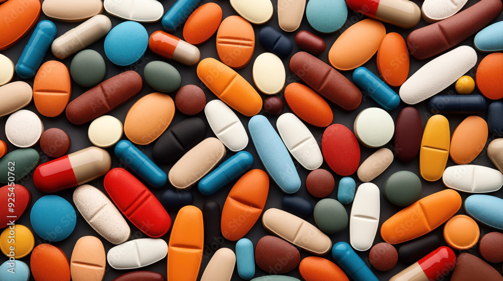 A variety of colorful pills, tablets, and capsules of different shapes and sizes spread out over a dark background. A variety of colorful pills, tablets, and capsules of different shapes and sizes spread out over a dark background.