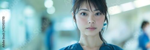 A nurse with a focused expression stands in a bright hospital corridor, illustrating dedication and care in the healthcare environment. photo