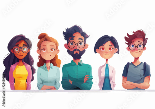 Diverse Business Team Listening to Teacher in Classroom Setting, Minimalistic School Education Illustration, Learning and Collaboration, Daytime, Animated Characters