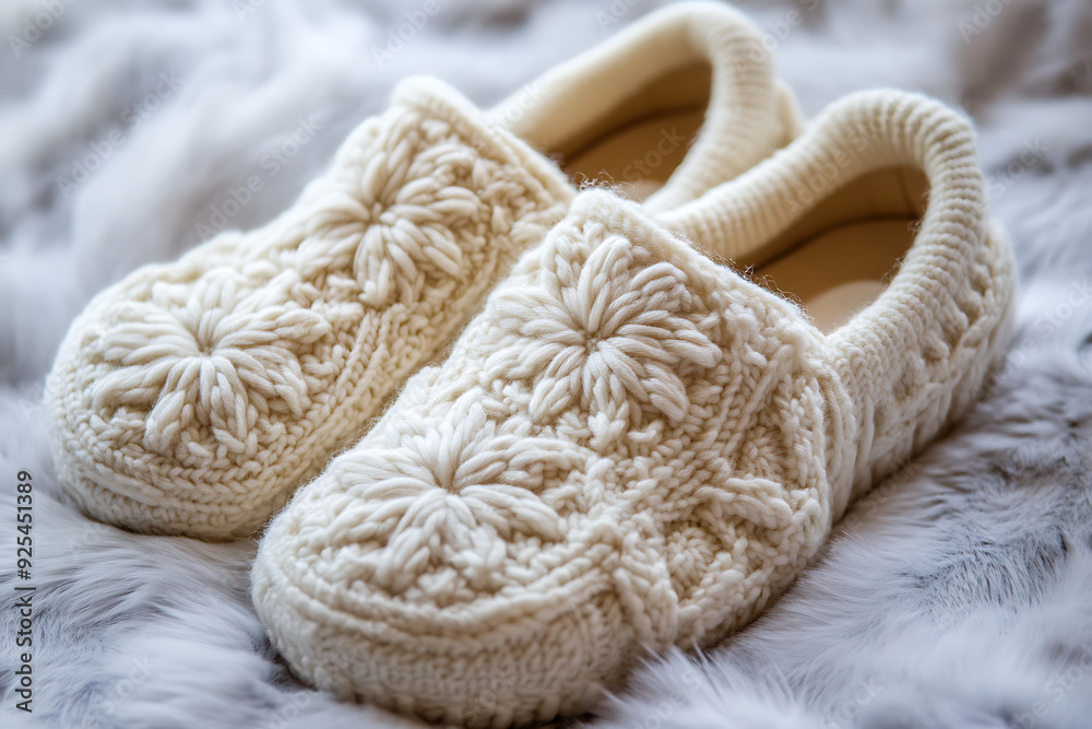 Wool slippers on white background , hand made, very cozy