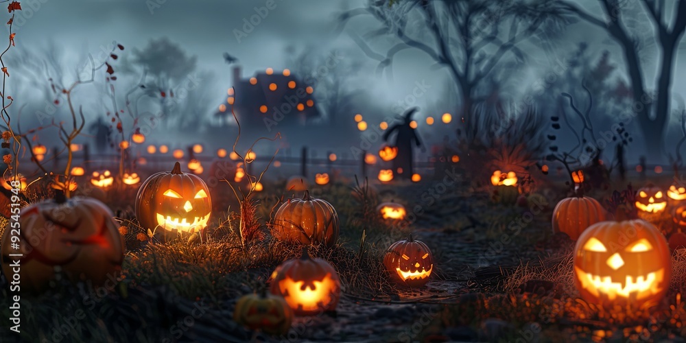 A glowing pumpkin patch at twilight, with carved jack-o'-lanterns and a misty backdrop. Shadows of scarecrows and bare trees create a festive eerie, Halloween background banner with copyspace A glowing pumpkin patch at twilight, with carved jack-o'-lanterns and a misty backdrop. Shadows of scarecrows and bare trees create a festive eerie, Halloween background banner with copyspace