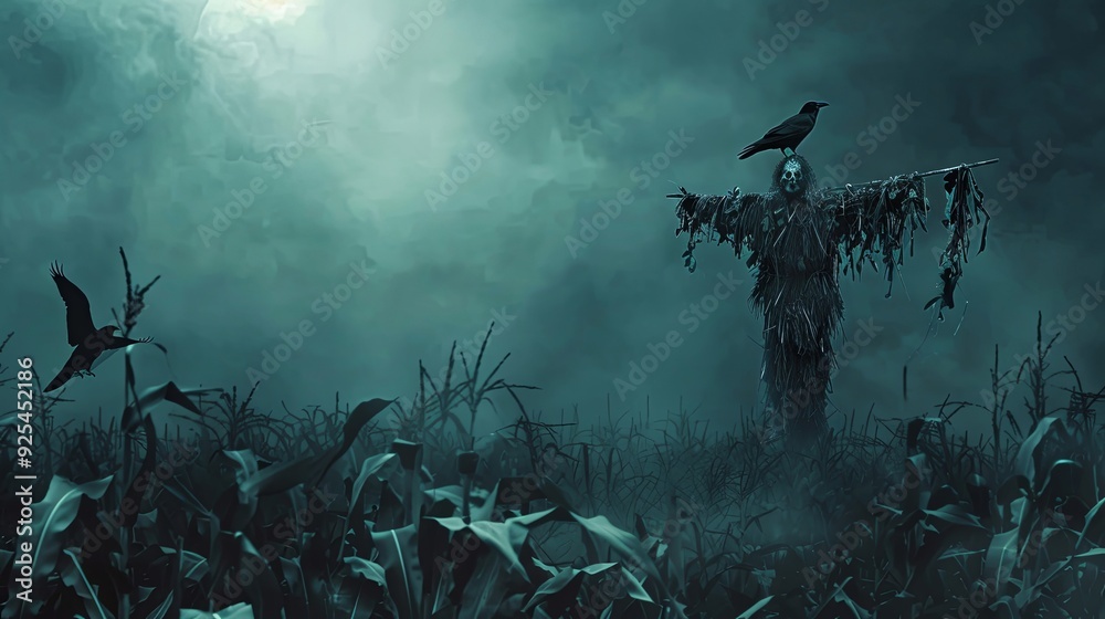 A lone scarecrow in a dark, misty cornfield, with crows perched on its shoulders. Illuminated by a pale, eerie moonlight, creating a spooky, unsettling atmosphere, creepy fantasy illustration, banner A lone scarecrow in a dark, misty cornfield, with crows perched on its shoulders. Illuminated by a pale, eerie moonlight, creating a spooky, unsettling atmosphere, creepy fantasy illustration, banner