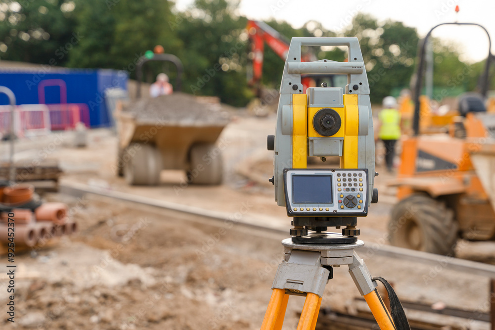 Fototapeta premium Surveying Equipment Set up on Construction Site During Afternoon With Machinery in Background