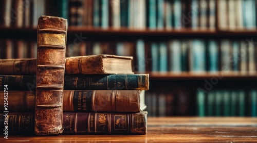 A stack of old books on table with blur book shelf in library room, education background -