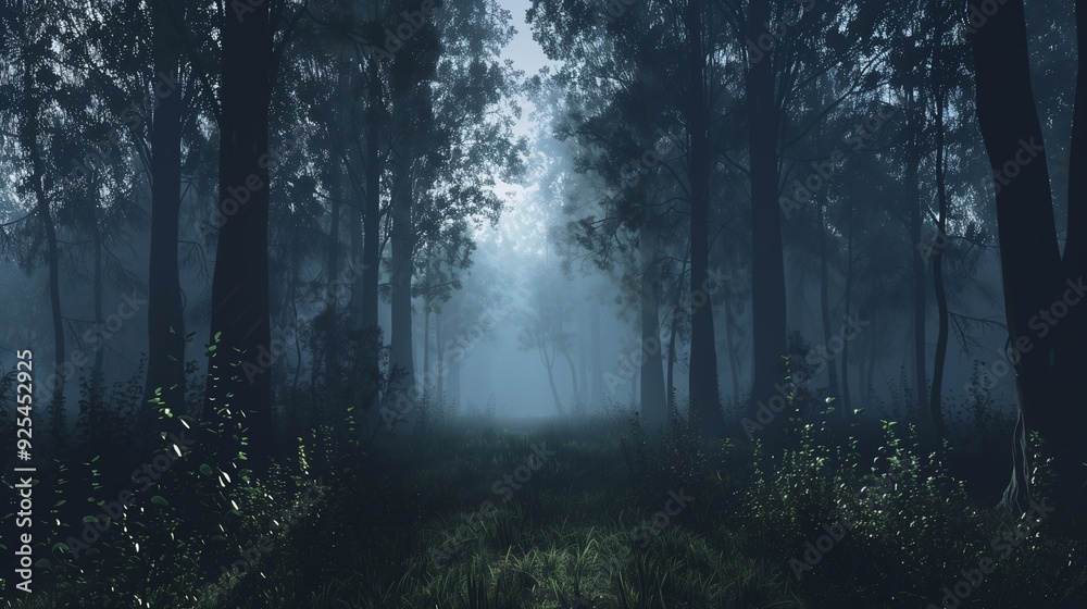 Fototapeta premium Eerie forest with fog, dim light, spooky atmosphere, Halloween theme