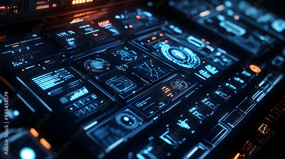 Futuristic control panel with holographic displays Futuristic control panel with holographic displays