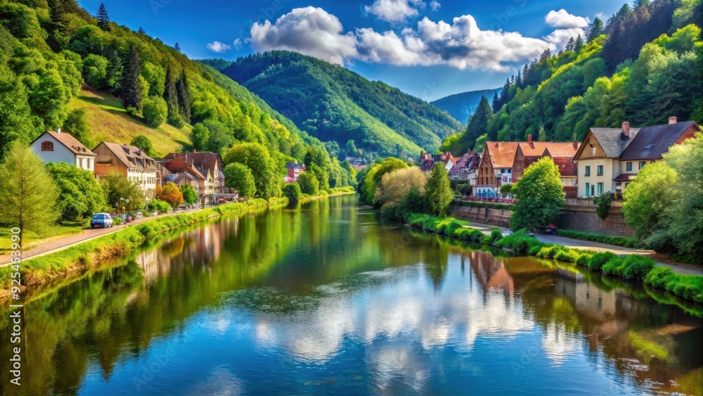 Scenic view of Thur River in Thann, Vosges mountains, Alsace, France, Europe , Thann, Vosges, Alsace, France, Europe Scenic view of Thur River in Thann, Vosges mountains, Alsace, France, Europe , Thann, Vosges, Alsace, France, Europe