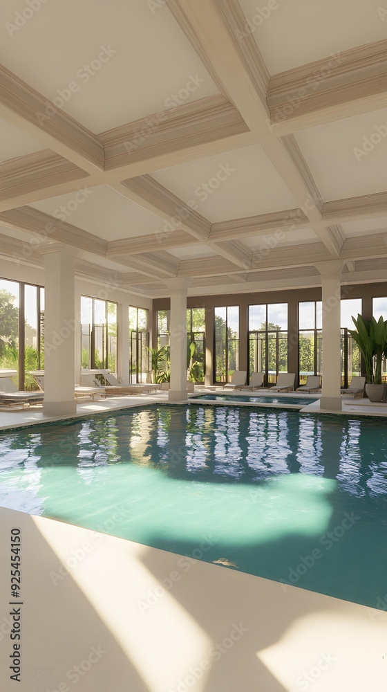 Indoor Swimming Pool With White Columns And Coffered Ceiling Indoor Swimming Pool With White Columns And Coffered Ceiling