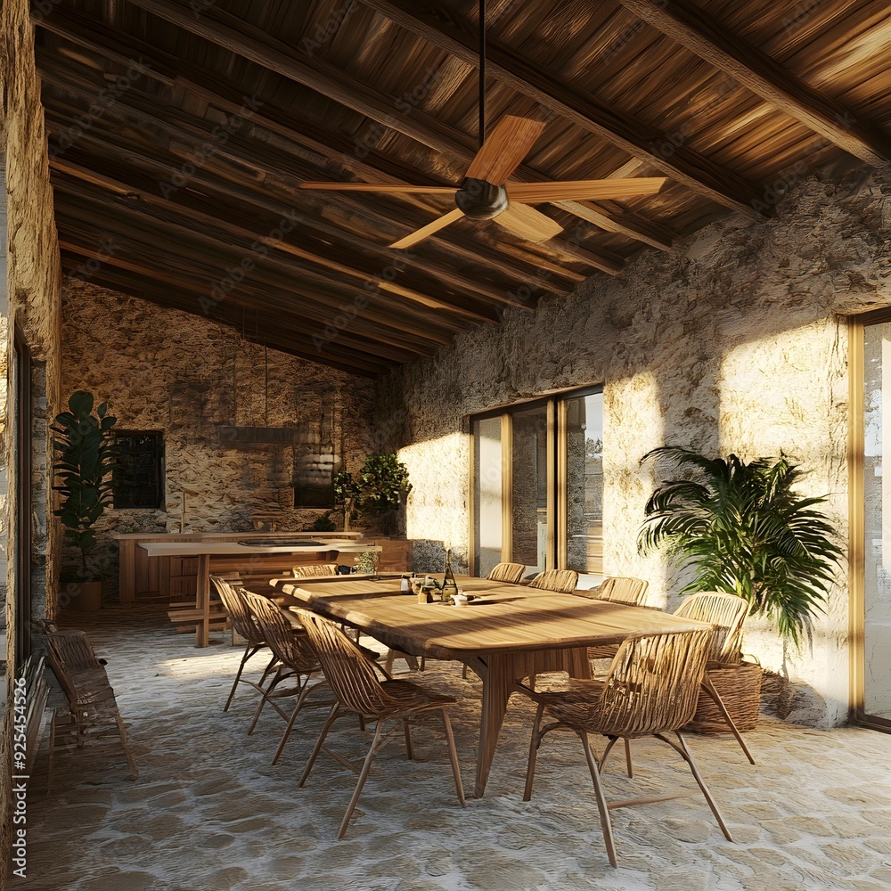 Fototapeta premium Rustic Stone Wall Interior Design with Wooden Table and Chairs