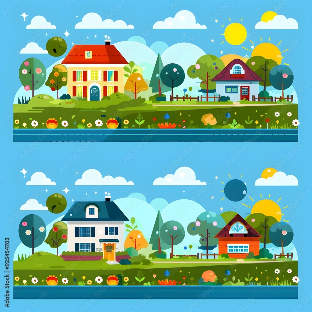 Fototapeta premium Cute Cartoon Style Houses With Green Grass And Flowers