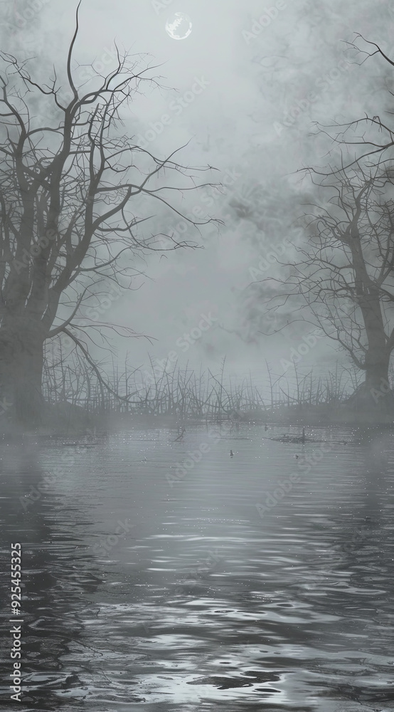 Desolate, foggy marsh with ghostly will-o'-the-wisps floating above the water. Bare, skeletal trees and dark, murky waters create a haunting, mysterious atmosphere, fantasy horror illustration, banner Desolate, foggy marsh with ghostly will-o'-the-wisps floating above the water. Bare, skeletal trees and dark, murky waters create a haunting, mysterious atmosphere, fantasy horror illustration, banner