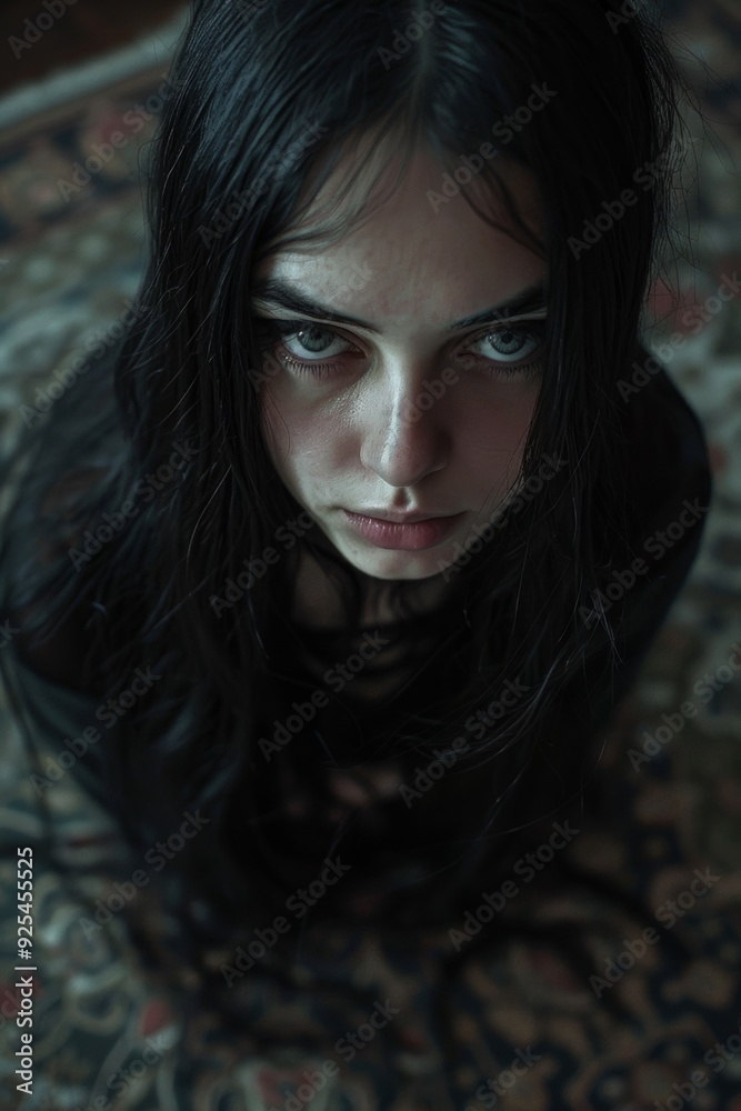 young woman, black eyes. long black hair, dramatic portrait young woman, black eyes. long black hair, dramatic portrait