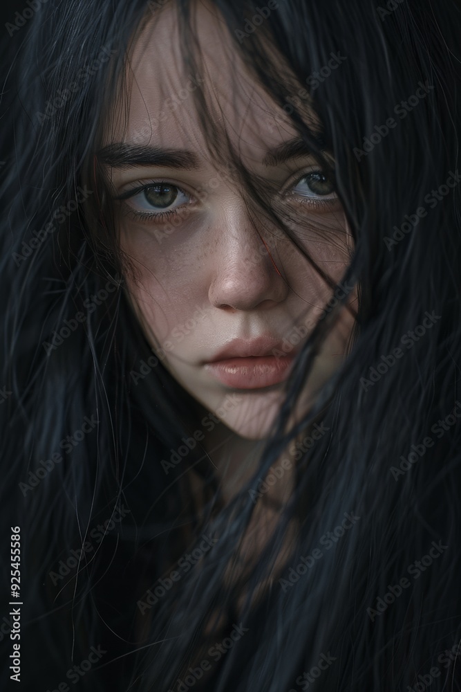 young woman, black eyes. long black hair, dramatic portrait young woman, black eyes. long black hair, dramatic portrait