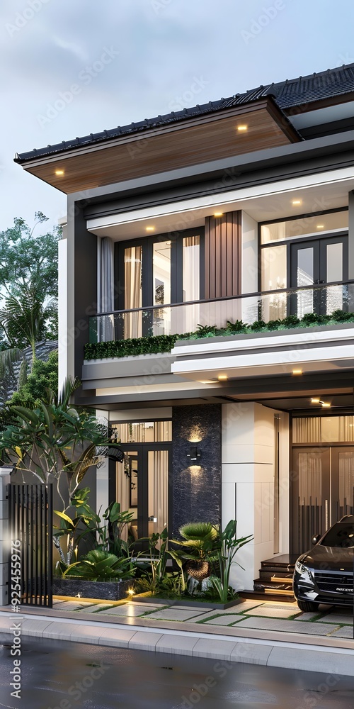 Fototapeta premium Modern House Design With Green Plants And A Car