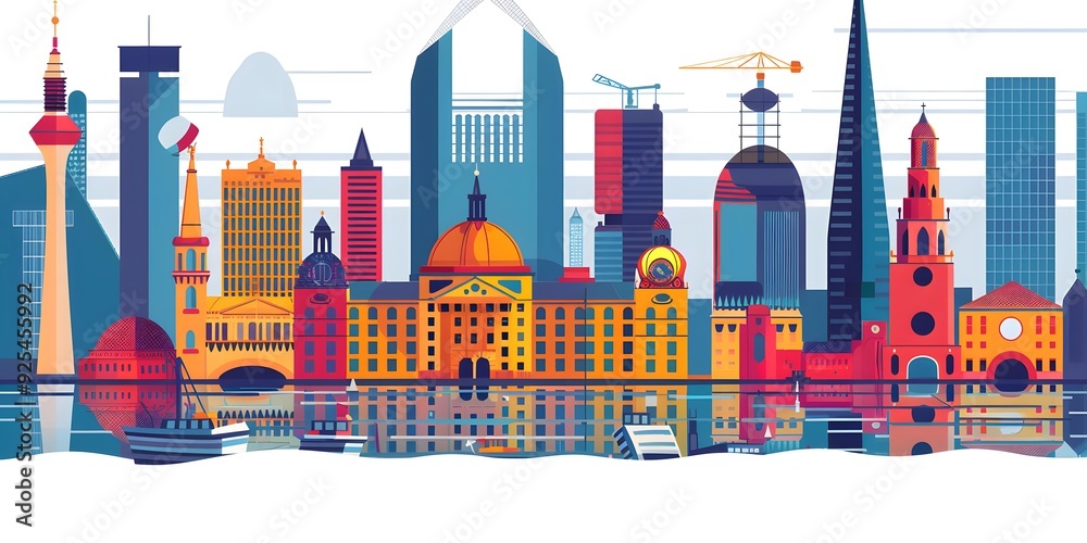Fototapeta premium Cityscape Illustration with Buildings and Water Reflection