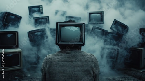 Man with a TV on his head, surrounded by TVs in the smoke.