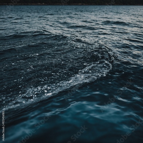 Gentle ripples on a still lake, reflecting the vibrant colors of a setting sun and distant hills