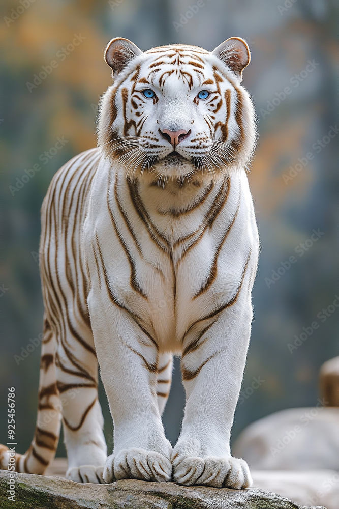 Fototapeta premium A majestic white tiger stands gracefully, showcasing its striking white fur with bold black stripes.
