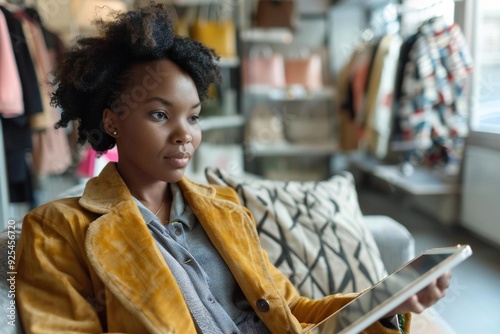 woman sitting on a couch with a tablet in her hand, shopping online for the latest fashion trends.