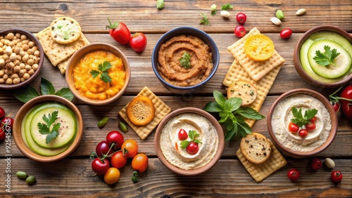 Various hummus in ceramic bowls on wooden table with crackers and cut vegetables, hummus, ceramic bowls