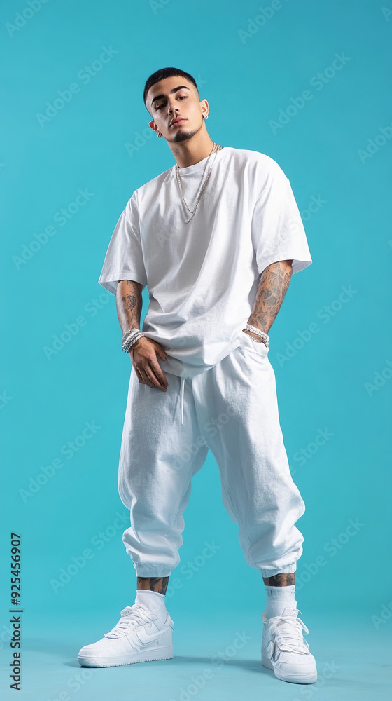 a man in a white oversize T-shirt posing for a brand shooting in front of a skyblue backround, full body shot