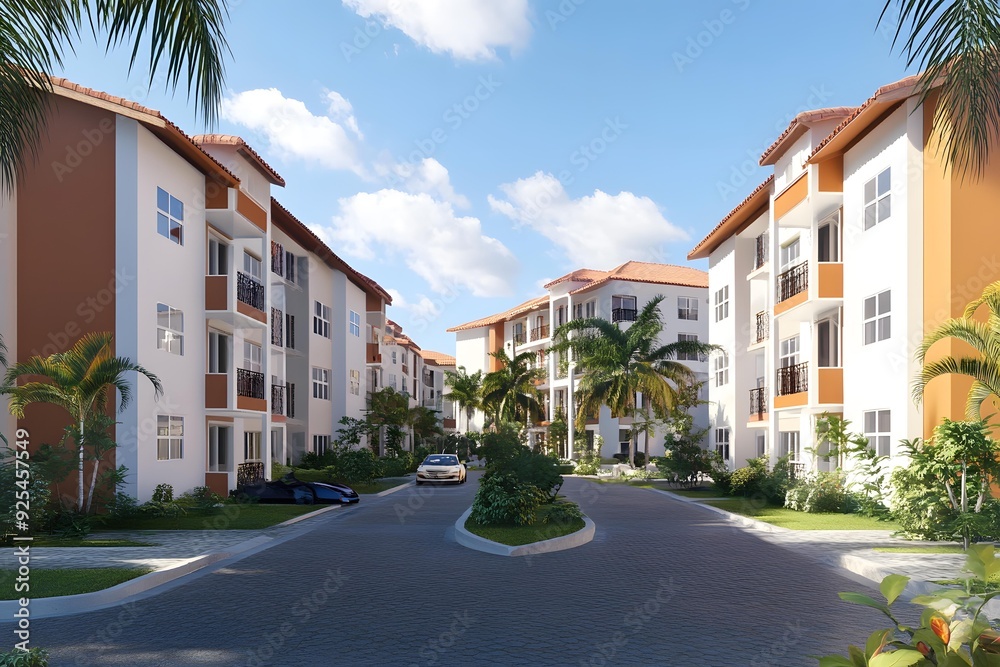 Modern Tropical Apartment Complex with Palm Trees and Sunny Sky Modern Tropical Apartment Complex with Palm Trees and Sunny Sky