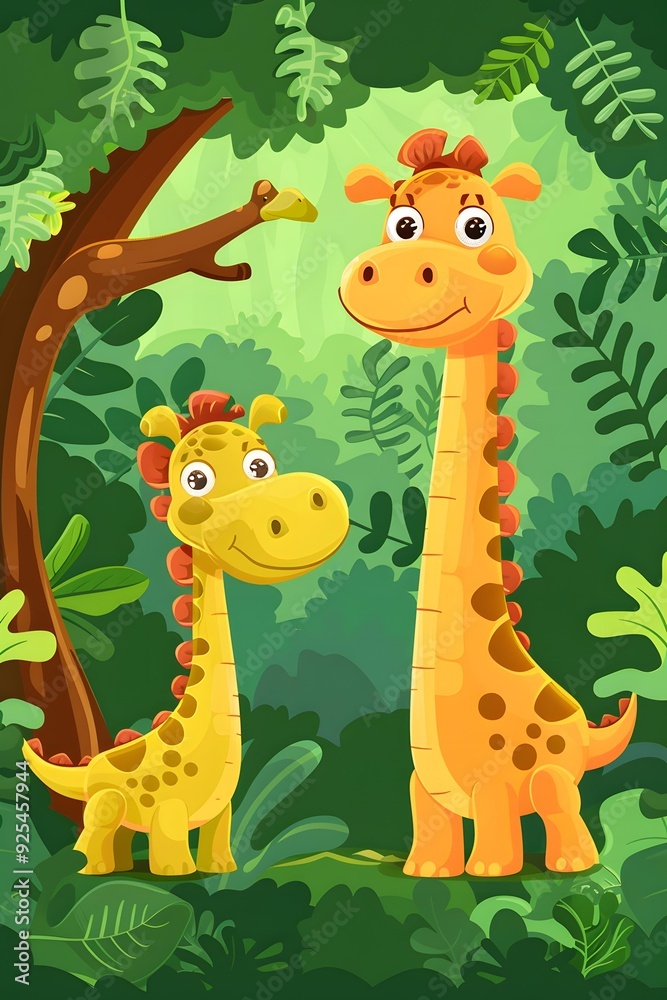 Naklejka premium Cute Cartoon Giraffes in the Jungle