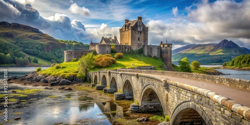 Stone bridge leading to Eilean Donan Castle in Scotland , Scotland, UK, stone bridge