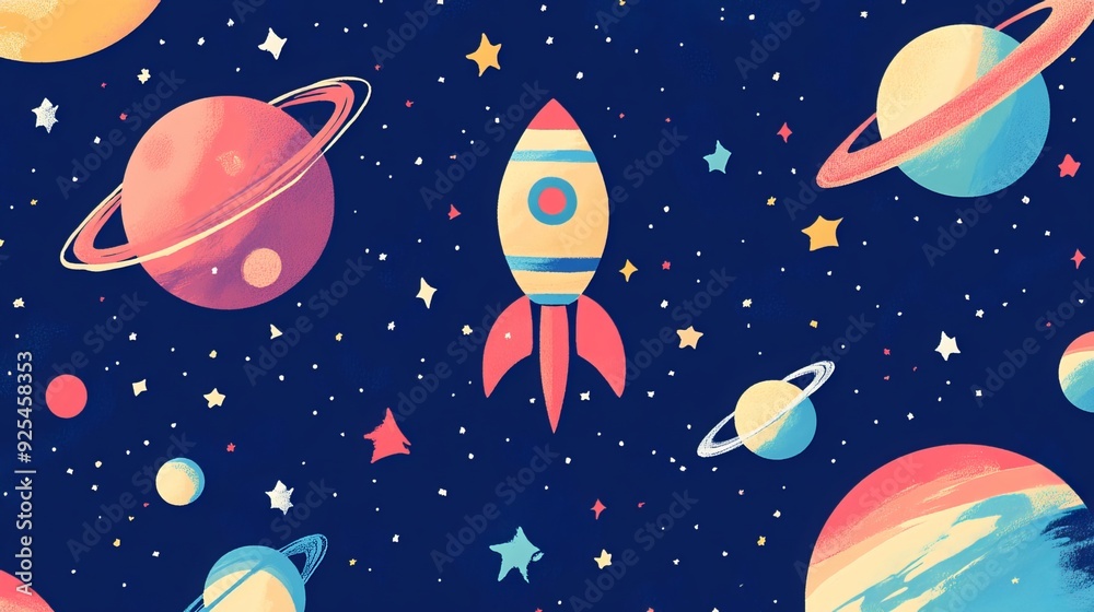 A children's graphic illustration with a space theme, ideal for nursery walls, book covers, textiles, or cards. Perfect for kids' room interior design. A children's graphic illustration with a space theme, ideal for nursery walls, book covers, textiles, or cards. Perfect for kids' room interior design.