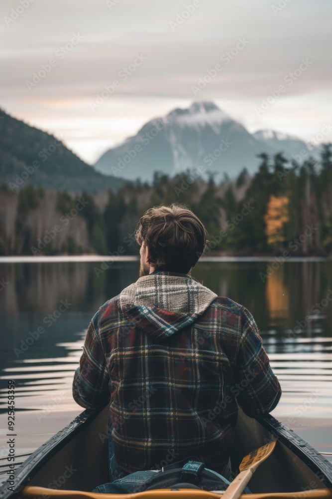 Fototapeta premium young man wearing a rugged flannel jacket and jeans sitting in a canoe on lake looking at distant mountains in background