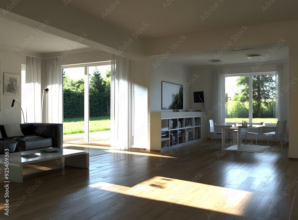 Modern Living Room with Large Window and Patio Doors Modern Living Room with Large Window and Patio Doors