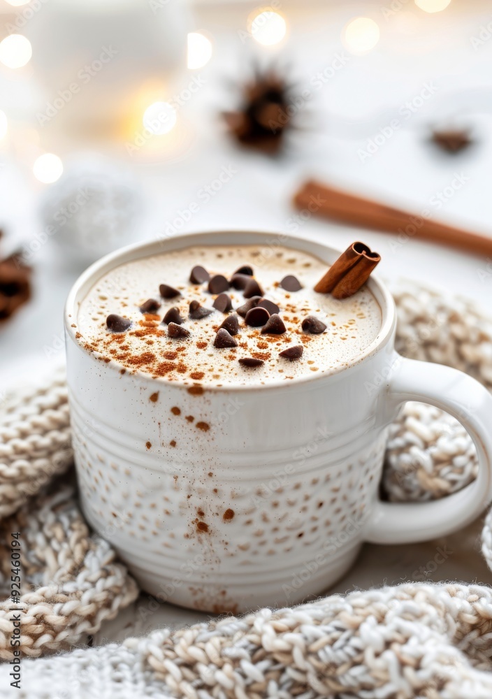 Cozy Hot Chocolate With Cinnamon Sticks and Chocolate Chips in Winter Setting Cozy Hot Chocolate With Cinnamon Sticks and Chocolate Chips in Winter Setting