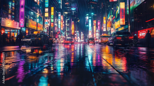 futuristic cityscape with neon lights reflecting on rainy streets