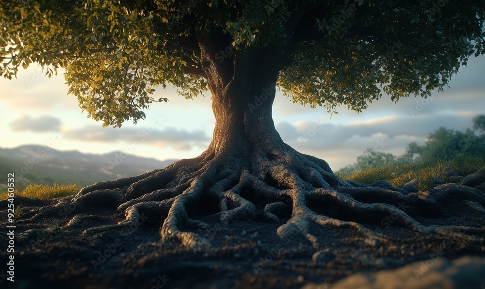 A tree with roots that are spread out and deep A tree with roots that are spread out and deep