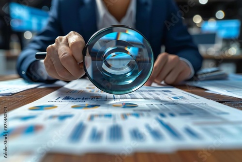 close-up shot of a business auditor using a magnifying glass to investigate paperwork for potential fraud during a tax audit. The background features a digital corporate setting