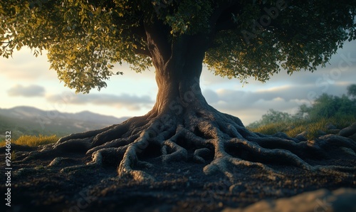 A tree with roots that are spread out and deep