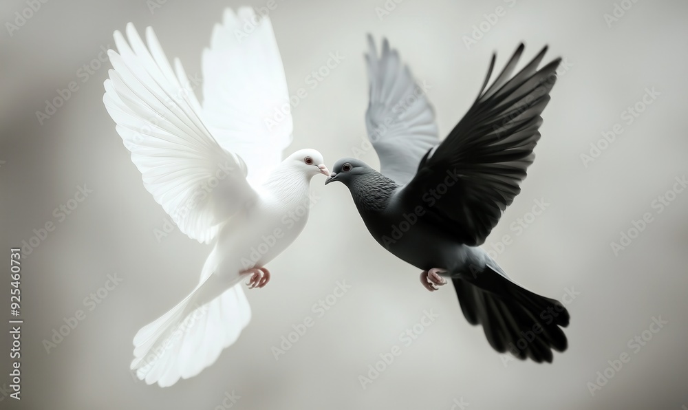 Two birds, one white and one black, are flying together in the sky Two birds, one white and one black, are flying together in the sky