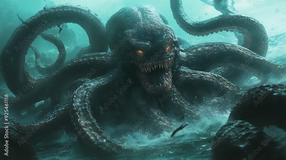 A monstrous Kraken rises from the depths of the ocean, its sharp teeth bared in a ferocious roar.