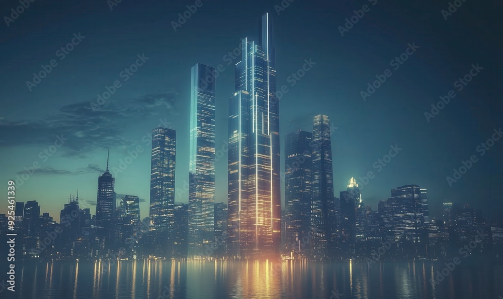 Fototapeta premium A city skyline with a large building in the middle