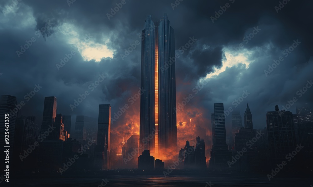 A cityscape with a large building in the middle with a fire coming out of it A cityscape with a large building in the middle with a fire coming out of it