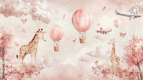 A kids' wallpaper mural featuring cycling animals with balloons, including a giraffe and elephant, set against a watercolor pink background. The design includes hot air balloons, blooming flowers