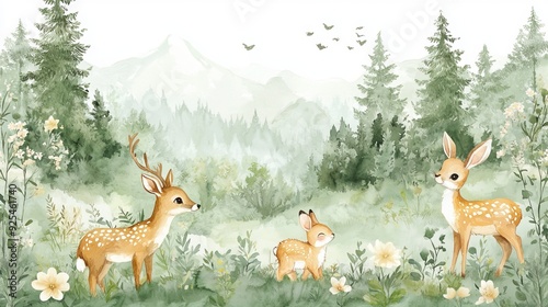A kids' wallpaper mural featuring watercolor illustrations of forest animals like a deer, fox, and bunny, set against a green forest background. Perfect for nursery wall art. 
