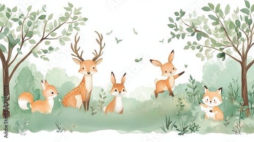 A kids' wallpaper mural featuring watercolor illustrations of forest animals like a deer, fox, and bunny, set against a green forest background. Perfect for nursery wall art.  photo