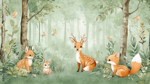 Fototapeta Naklejka Na Ścianę i Meble -  A kids' wallpaper mural featuring watercolor illustrations of forest animals like a deer, fox, and bunny, set against a green forest background. Perfect for nursery wall art. 