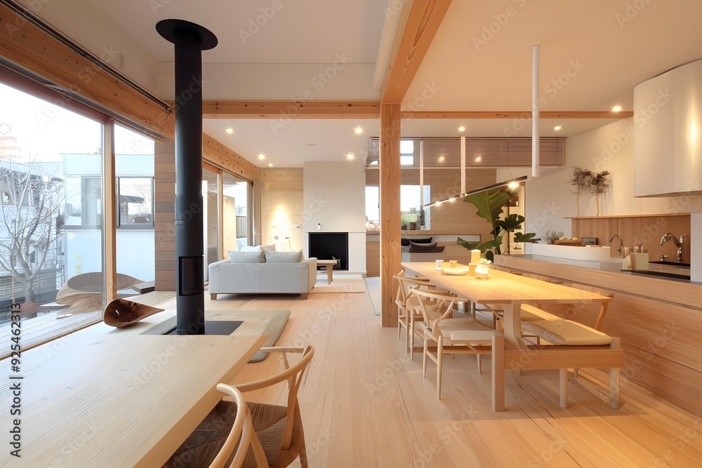 Modern Minimalist Open Plan Kitchen and Living Room Interior Design with Wooden Beams and Floor Modern Minimalist Open Plan Kitchen and Living Room Interior Design with Wooden Beams and Floor
