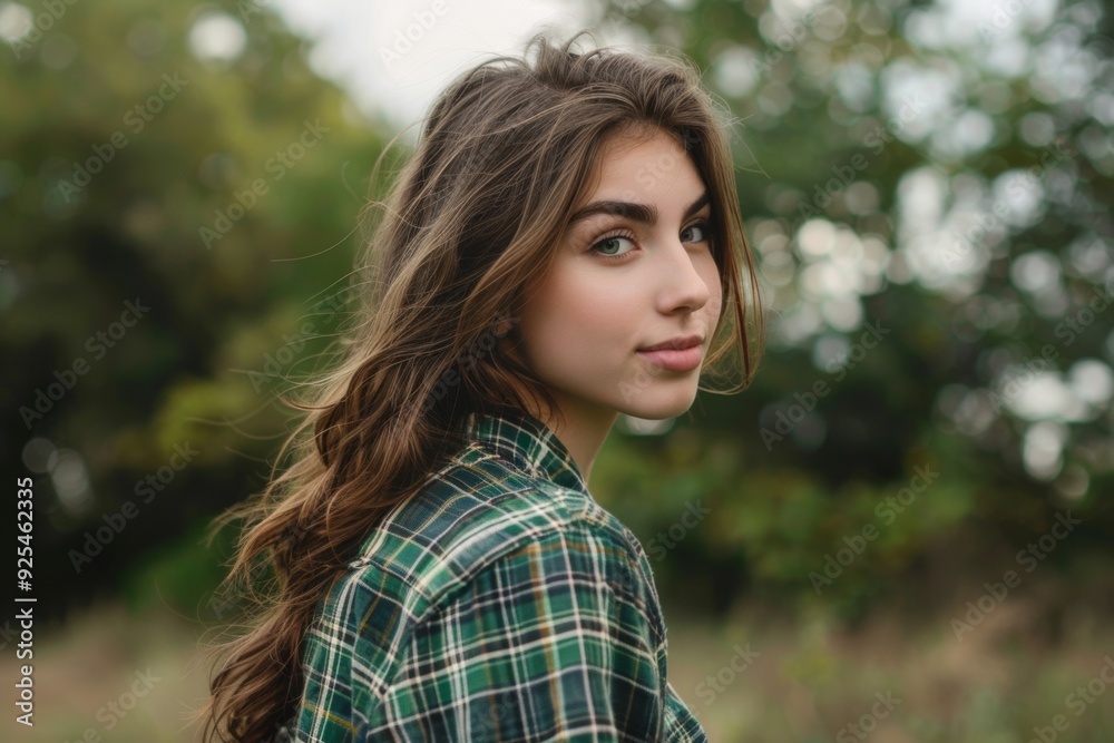 beautiful American young woman, brown hair, green eyes, green plaid shirt, green trees blurred background, cloudy day beautiful American young woman, brown hair, green eyes, green plaid shirt, green trees blurred background, cloudy day