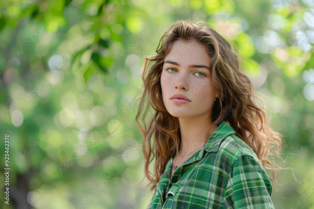 beautiful American young woman, brown hair, green eyes, green plaid shirt, green trees blurred background, cloudy day beautiful American young woman, brown hair, green eyes, green plaid shirt, green trees blurred background, cloudy day