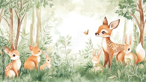 Fototapeta Naklejka Na Ścianę i Meble -  A kids' wallpaper mural featuring watercolor illustrations of forest animals like a deer, fox, and bunny, set against a green forest background. Perfect for nursery wall art. 